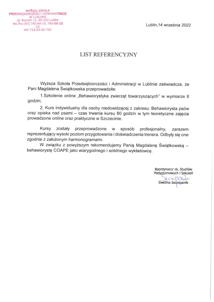 Referencje behawiorysty