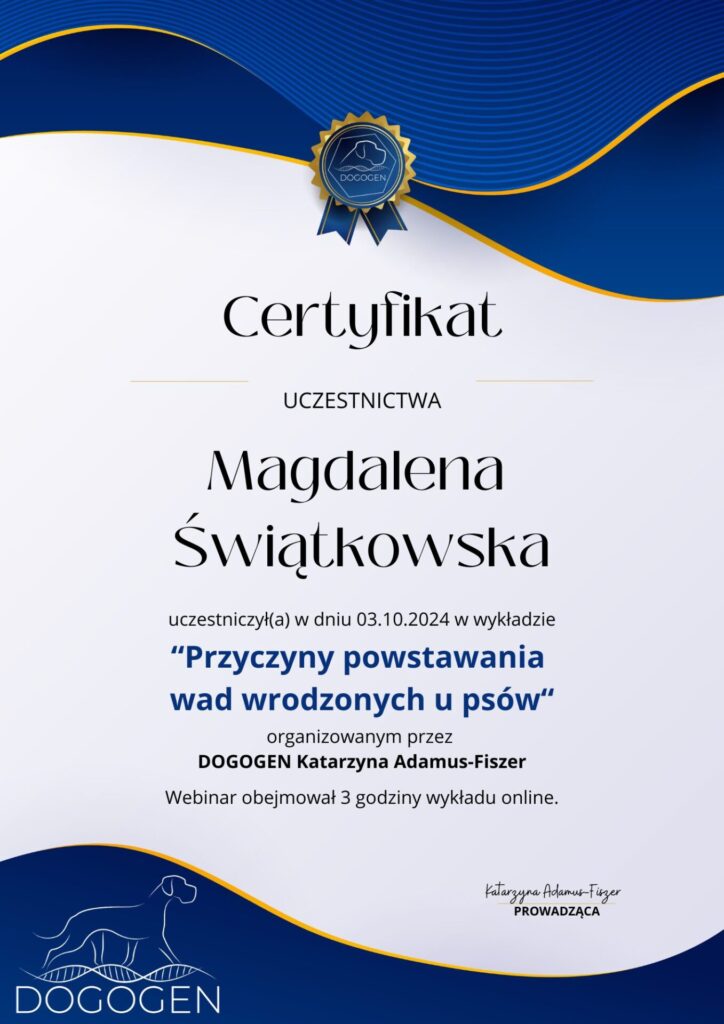 Przyczyny powstawania wad wrodzonych u psów - certyfikat